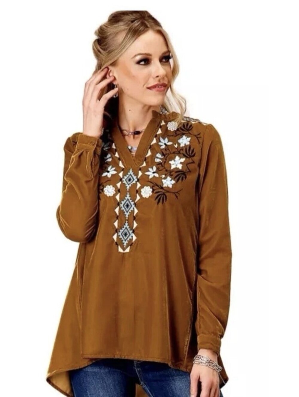 Roper Western Velvet Shirt Womens Embroidered Tunic Long Sleeve Brown Yellow